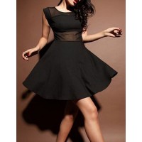 Sexy Style Scoop Neck Voile Splicing Beam Waist Dress For Women